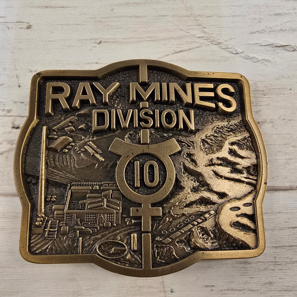 VTG Jostens Ray Mines Division 10 Brass Belt Buckle Mining‎ Memorabilia Bronze